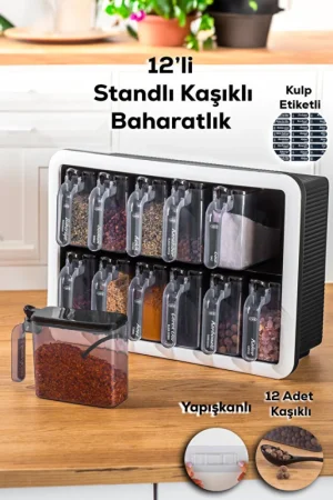 0440 Standlı 12 li Kendinden Yapışkanlı Kaşıklı Kapaklı Baharatlık Takımı - Siyah 2023ST06325 - Porsima