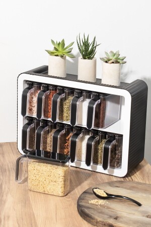 0440 Standlı 12li Kendinden Yapışkanlı Kaşıklı Kapaklı Baharatlık Takımı - Siyah Beyaz 2023ST06324 - Porsima