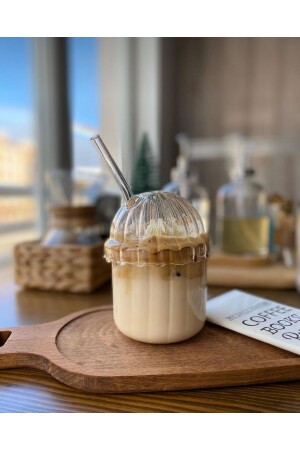 MNZ-1 قطعة زجاجية حرارة بيضوية مقاومة كوب Pinterest مع الغطاء، القهوة وكوب العرض 430 مل - M Mimoza Park