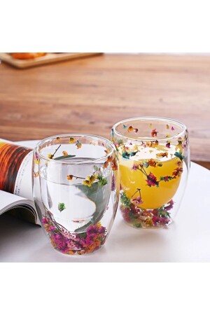1 Adet Çiçekli Isıya Dayanıklı Borosilikat Çift Çidarlı Flower Cup Çiçekli Kahve Sunum Bardağı - 1