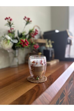 1 Adet Çiçekli Isıya Dayanıklı Borosilikat Çift Çidarlı Flower Cup Çiçekli Kahve Sunum Bardağı - 6