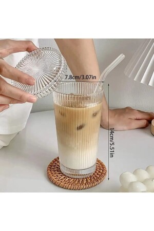 1 Adet Tekli Pinterest Model Origami Çizgili Mika Kapaklı Cam Pipetli Bardak - Amentes