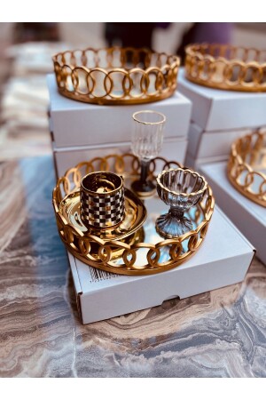 1 Adet Yuvarlak Cam Aynalı Plastik Gold Tepsi Sunum Tepsisi 20cm - Yzhome