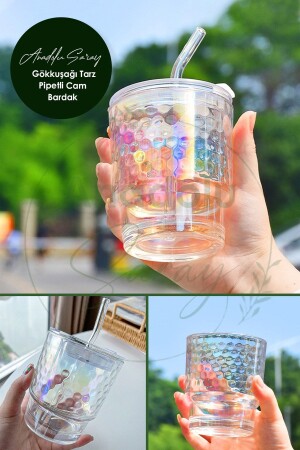 كوب قوس قزح مقاوم للحرارة من بوروسيليت مع كوب عرض القهوة القوس قزح الصوف - 1 قطعة - Anadolu Saray Çarşısı