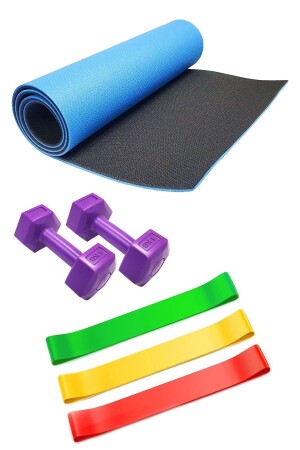 1 cm doppelseitige Pilates-Matte, 3 Widerstandsbänder, 1 kg Doppelhantel-Set, Übungsset - 1