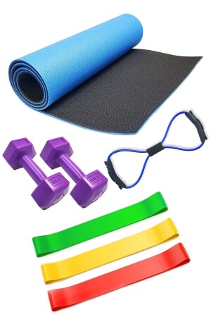 1 cm Pilates Matı 3'lü Direnç Lastiği Sekizgen Lastik Ve 1 Kg Çiftli Dambıl Seti Pilates Seti - 1