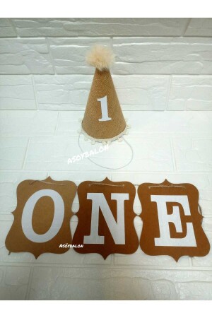 1 Yaş Şapka Jüt Kumaş PonPonlu Şapka Doğum Günü Şapkası One Şapka Ponponlu Çuval Kumaşlı - Asöy