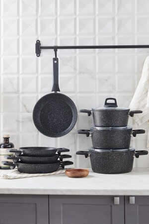 (منز-بيو) غرانيت (إيليز) 10 قطع أدوات الطبخ مجموعة سوداء 153. 03. 08. 3791 - Karaca