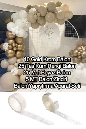 10 Krom Gold- 25 Beyaz Ve 25 Taş Kum Rengi Balon Zinciri Doğum Günü Nişan Kına Pastel Bride Seti - 3