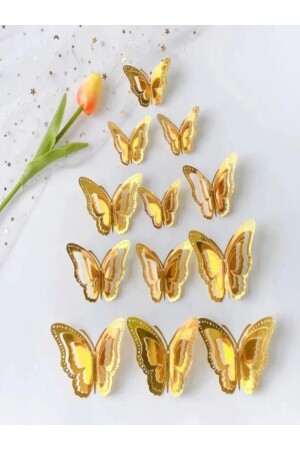 10 Lu 3 Boyutlu Kelebek Süs Dekorasyon ve Balon Süsleme çift Taraflı Gold be Beyaz - Lotus Party