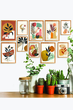 10 Parça Ahşap Çerçeve Görünümlü Dekoratif Hediyelik Boho Botanik Wall Art Mdf Tablo Seti TB9KR9AC9B10D - 3