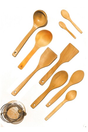 10 parça bambu ahşap kaşık tahta spatula servis kepçe seti-metal standlı YNGN.STNDLI.ST - 5