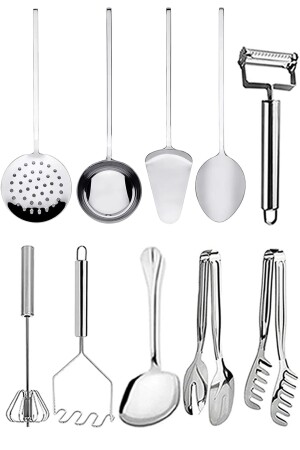 10 Parça Paslanmaz Çelik Spatula Kevgir Kepçe Kaşık Çırpıcı Çeyiz Hazırlık Seti TRV5SVST004111 - 3