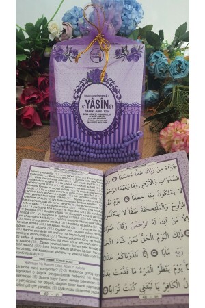 10-teiliger Tüllbeutel Yasin Part Book mit Rosenduft-Gebetsperlen Audio-Hören-Geburt-Mevlüt-Geschenk-lila - 1