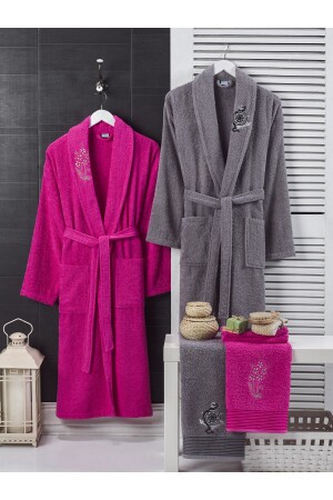 100 % Baumwolle, bestickt, 4-teiliges Familien-Bademantel-Set, Bademantel-Set, Mitgift-Set, Fuchsia, Anthrazit - 1