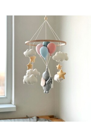 100 % handgefertigtes Babybett-Ornament-Mobile für Mädchen und Jungen mit niedlichem Elefanten, Sternen und Luftballons 876248765 - 1