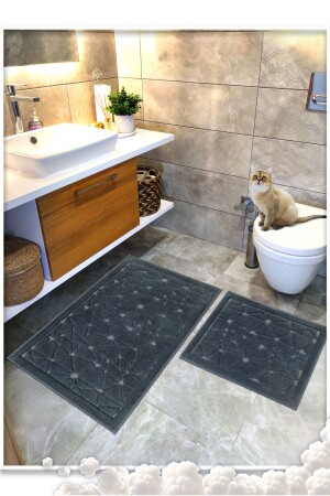 %100 Pamuk Dokuma Banyo Paspas Seti- Banyo Halısı Cam 2 Li Set 60x100 - 60x50 - 1