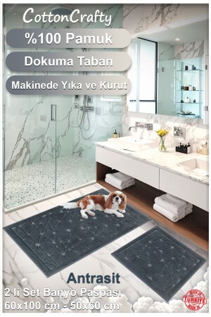 %100 Pamuk Dokuma Banyo Paspas Seti- Banyo Halısı Cam 2 Li Set 60x100 - 60x50 - 4