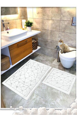 %100 Pamuk Dokuma Banyo Paspas Seti- Banyo Halısı Cam 2 Li Set 60x100 - 60x50 - 1