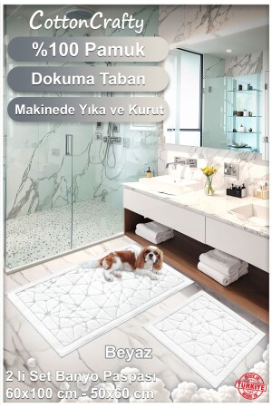 %100 Pamuk Dokuma Banyo Paspas Seti- Banyo Halısı Cam 2 Li Set 60x100 - 60x50 - 4