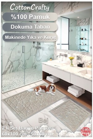 %100 Pamuk Dokuma Banyo Paspas Seti- Banyo Halısı Cam 2 Li Set 60x100 - 60x50 - 5