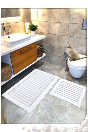 %100 Pamuk Dokuma Banyo Paspas Seti- Banyo Halısı Şerit 2 Li Set 60x100 - 60x50 - 1