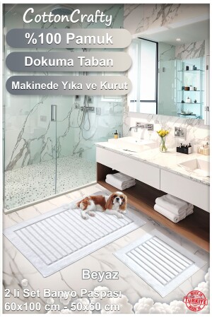 %100 Pamuk Dokuma Banyo Paspas Seti- Banyo Halısı Şerit 2 Li Set 60x100 - 60x50 - 3