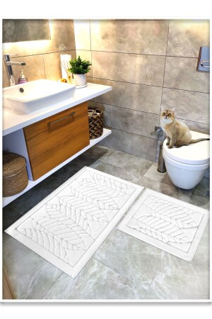 %100 Pamuk Dokuma Banyo Paspas Seti- Banyo Halısı Yaprak 2 Li Set 60x100 - 60x50 - 1