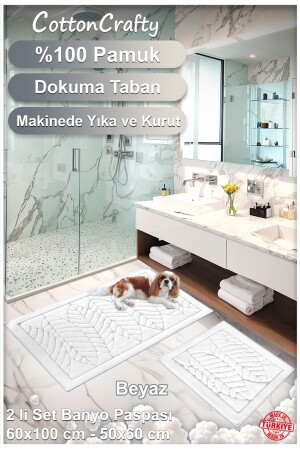 %100 Pamuk Dokuma Banyo Paspas Seti- Banyo Halısı Yaprak 2 Li Set 60x100 - 60x50 - 4