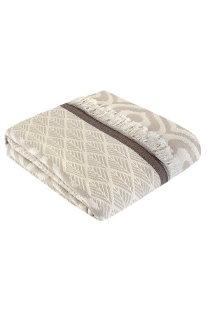 %100 Pamuk Jakarlı Lüks Throw Örtü - Çift Taraflı - Bej&kahve- 135x170 Cm Throw - Battaniye - Trimita