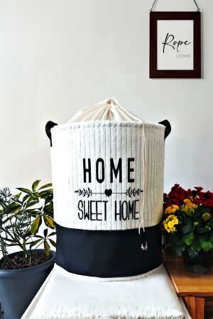 %100 Pamuk Kadife Home Sweet Home Baskılı Altı Derili Sepet 37x40 - 2