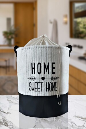 %100 Pamuk Kadife Home Sweet Home Baskılı Altı Derili Sepet 37x40 - 4