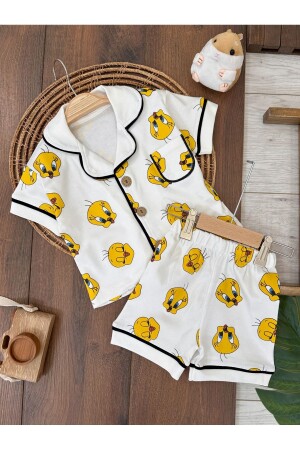 %100 Pamuk Kruvaze Yaka Önden Düğmeli Rahat Kalıp Yazlık Unisex Bebek Pijama Takımı - 1