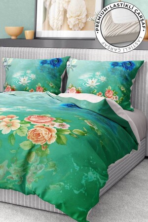 %100 Pamuk Saten Nevresim Takımı Lastikli Çarşaf Deluxe Çift Kişilik 3d Flowers premium2044HF - 3