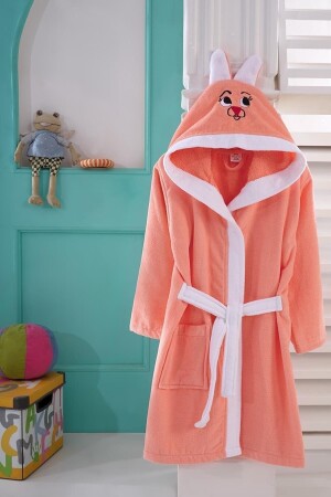 % 100 Pamuklu Kapşonlu Nakışlı Çocuk Bornozu 1-12 Yaş 153-99-0017 - Nina Home