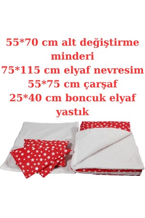 %100 Pamuklu Kırmızı Yıldızlı Kumaş Bebek Alt Açma Minderi Ve Beşik Içi Nevresim Takımı abtnevresim0002 - 3