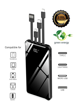 10.000 Mah Prime Dijital Göstergeli Dahili Çoklu Kablolu Powerbank,siyah,taşınabilir Şarj Cihazı IN-0009CL - 1