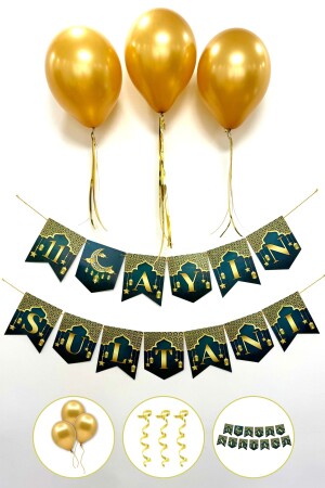 11 Ayın Sultanı Yazısı - 3 Gold Metalik Balon - Metalik Balon İpi Süsleme Seti İslami Bayramı Süsü - Huzur Party Store