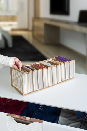 11 Gözlü Çekmece Içi Bej Çizgili Düzenleyici Organizer - Medium 15 X 43 X 14 - Serstil