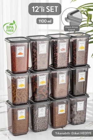 مجموعة من 12 حاوية تخزين غذائي مع كفة ضد التسرب أنثراكيت 12 × 1 MCH-248 مع علامة 10 Lt - Meleni Home