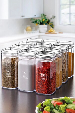 مـنـز-ذهبية مع علامة 12-قطعة أكريلي الفراغ مربع وعاء العقاقير مجموعة 300 مل - وعاء العقاقير مجموعة مع غطاء مقاوم لل تس - Kitchen Life