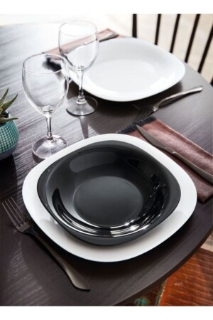 (منيز كارين) عشاء 12 قطعة مجموعة لـ 6 أشخاص . أبيض 27 سم. خدمة & سوداء 21 سم. طبق عشاء فارغ - Luminarc