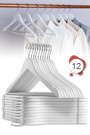12 Adet - Ahşap Görünümlü Elbise Ve Kıyafet Askısı Beyaz - 1