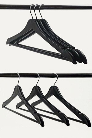 12 Adet - Ahşap Görünümlü Plastik A Kalite Siyah Elbise Kıyafet Askı - 4