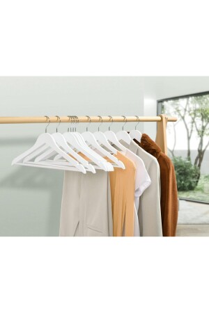 12 Adet Beyaz Ahşap Görünümlü Plastik Askı Kıyafet Elbise Gömlek Askısı Silver Kancalı - 4