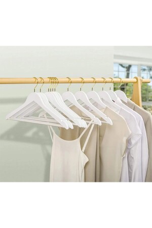 12 Adet - Beyaz Gold Kancalı Ahşap Görünümlü Plastik Askı Kıyafet Elbise Gömlek Askısı - 3