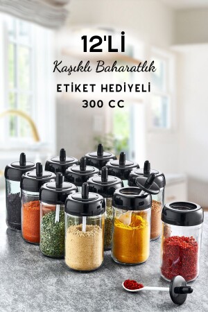 12 Adet Kapağı Kendinden Kaşıklı Cam Baharatlık Seti 300 Cc- Baharat Etiketi Hediyeli GM00232 - GRİMOR Life