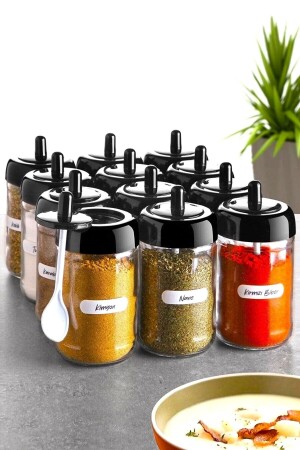 12 Adet Kapağı Kendinden Kaşıklı Ve Etiketli Baharatlık Seti - (300 Ml) Etiketli Cam Baharat Takımı WQ9901 - WuuQ