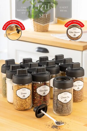 12 Adet Kilitlenebilir Kapaklı Kendinden Kaşıklı Cam Baharatlık Takımı 300 ml 30'lu Etiket Hediyeli BL-KKB - BRAMBLE LIFE
