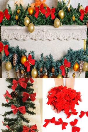 12 Adet Kırmızı Yılbaşı Çam Ağaçı Fiyonk Kurdele Yeni Yıl Noel Parti Dekorasyon Süsleri 7-5x5cm - 1